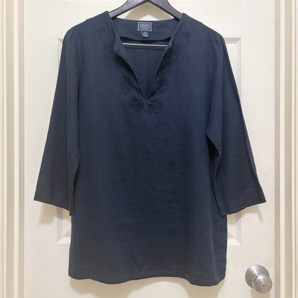 Chaps Classics Linen‎ Tunic Top L Navy Blue Embroidered 3/4 Sleeve Coastal Boho